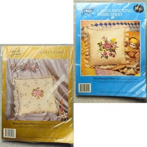 Vintage Cross Stitch Pillow Kits Roses on Lace and Floral Bouquet Embroidery Kit